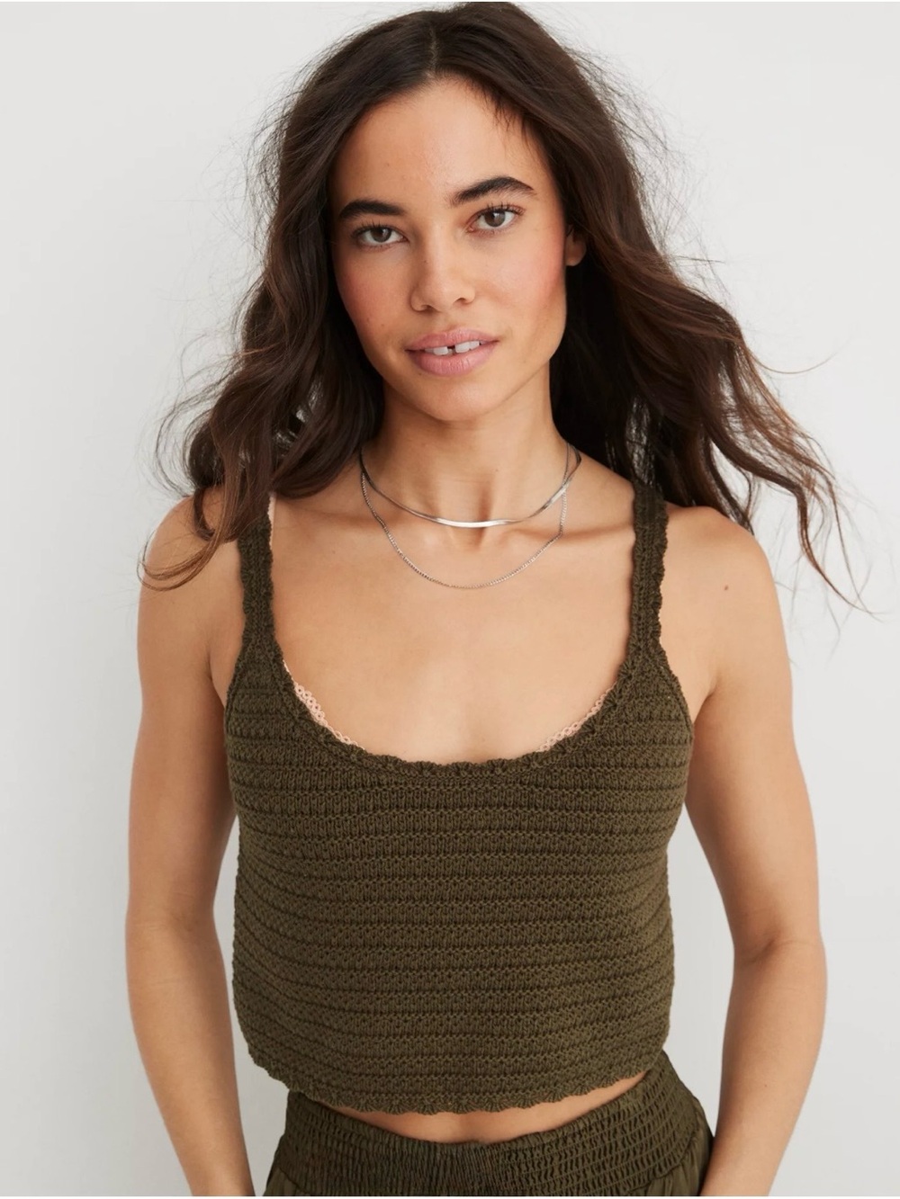 NWT ~ Boho Aerie Summer Nights Olive Green Knit Crochet Cropped Tank ~ Small